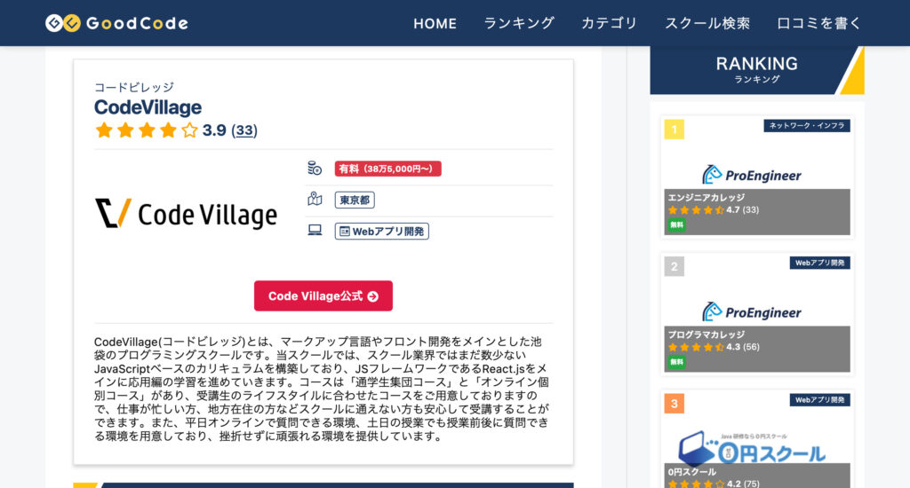 こちらの評判・口コミは、GoodCodeに掲載されている、Code Village（コードビレッジ）の評判・口コミの内容をまとめたものです。