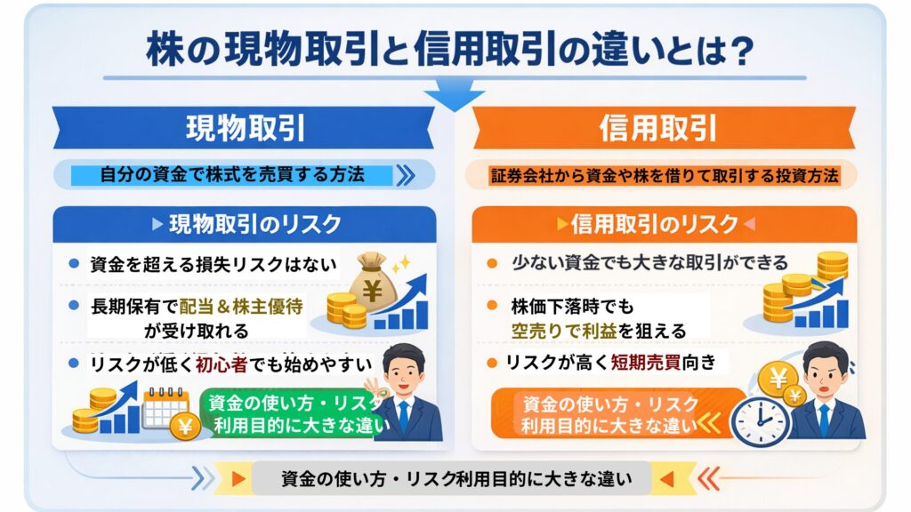株式投資には大きく分けて「現物取引」と「信用取引」の2種類があります。