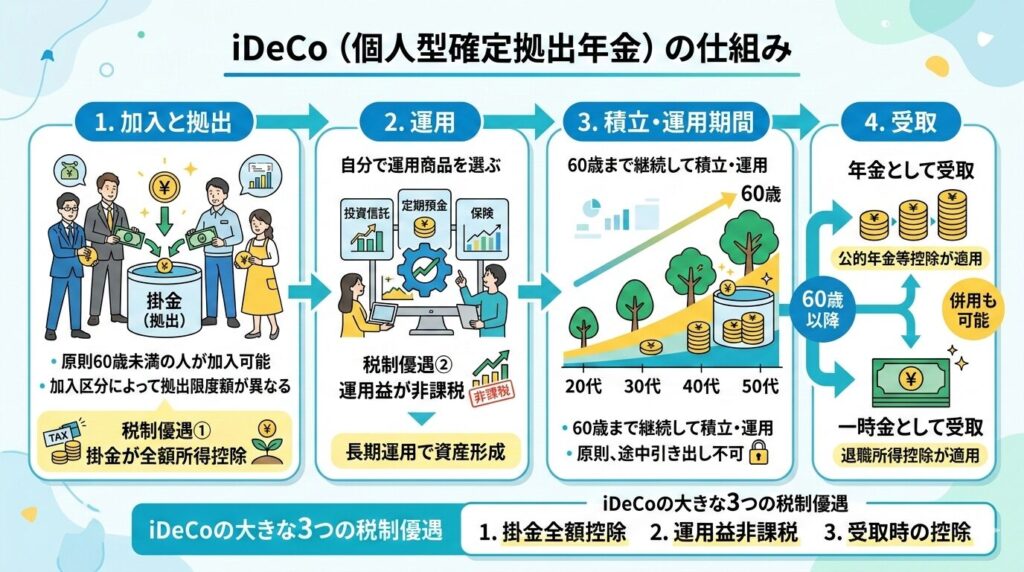 基本は「積立+運用+老後に受け取り」という3ステップで成り立っています。