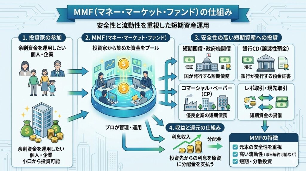 MMFは、投資家から集めたお金を満期までの期間が短い金融商品で運用する仕組みです。